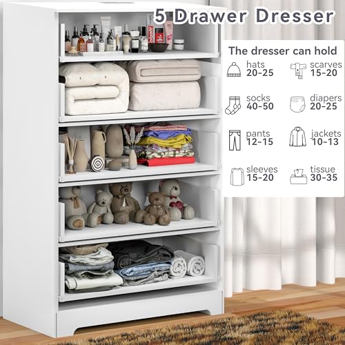 Dresser for Bedroom with Power Outlets Wood 5 Drawer Dresser with Large Storage Space Black Chest of Drawers with Smooth Metal Rail Tall Storage Organizer for Bedroom Living Room Closet