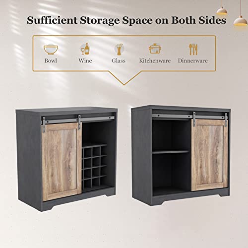 Farmhouse Coffee Bar Cabinet, Kitchen Hutch Storage Cabinet with Wine Rack Liquor Cabinet with Sliding Barn Door Wood Wine Cabinet Buffet Sideboard for Home, Living, Dining Room, Kitchen, Black