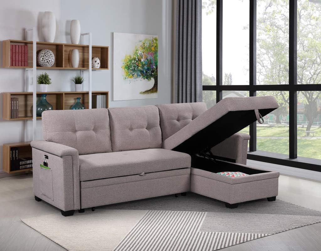 Sectional Sleeper Sofa with Storage Chaise and Pull Out Bed, Linen Tufted Upholstered Convertible Corner Couch for Living Room, Home Furniture, Apartment, 84", Light Gray-1