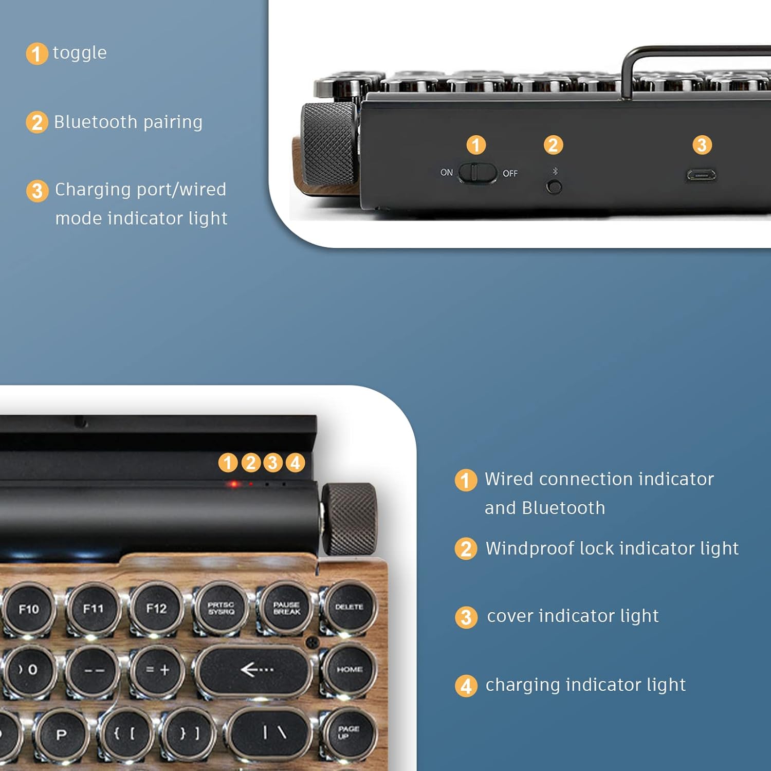 Retro Keyboard Wireless Electric Typewriter with Bluetooth 5.0 Punk Mechanical Gaming Keyboard Classical Round 83 Keys Applied to Desktop PC, Laptop Mac, Mobile Phone Adjustable Stand