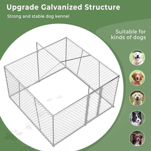 Upgraded 10×10×7FT Outdoor Dog Kennel with Roof, Large Dog House Pen Enclosure with Sidebar, Heavy Duty Chain Link Dog Kennel with Lock for Outside Backyard