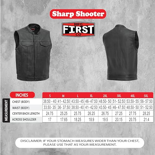 First Mfg Co Sharp Shooter Mens Motorcycle Biker Riding Leather Vest Club Style Vest w/Mesh lining and Conceal Carry Pockets
