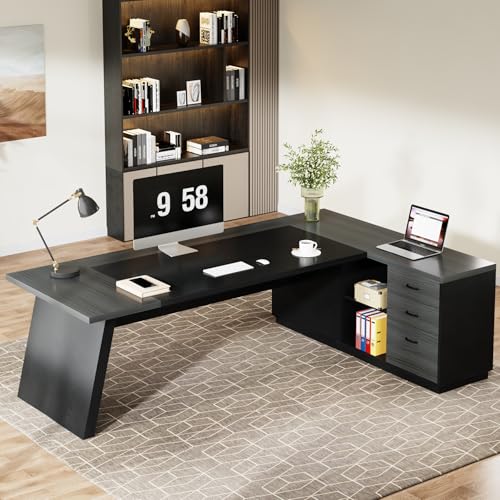 Tribesigns 78" L-Shaped Executive Desk, Large Office Desk with Drawers and Lateral File Cabinet, Business Furniture with Storage Shelves, Modern Computer Desk for Home Office, Walnut & Black
