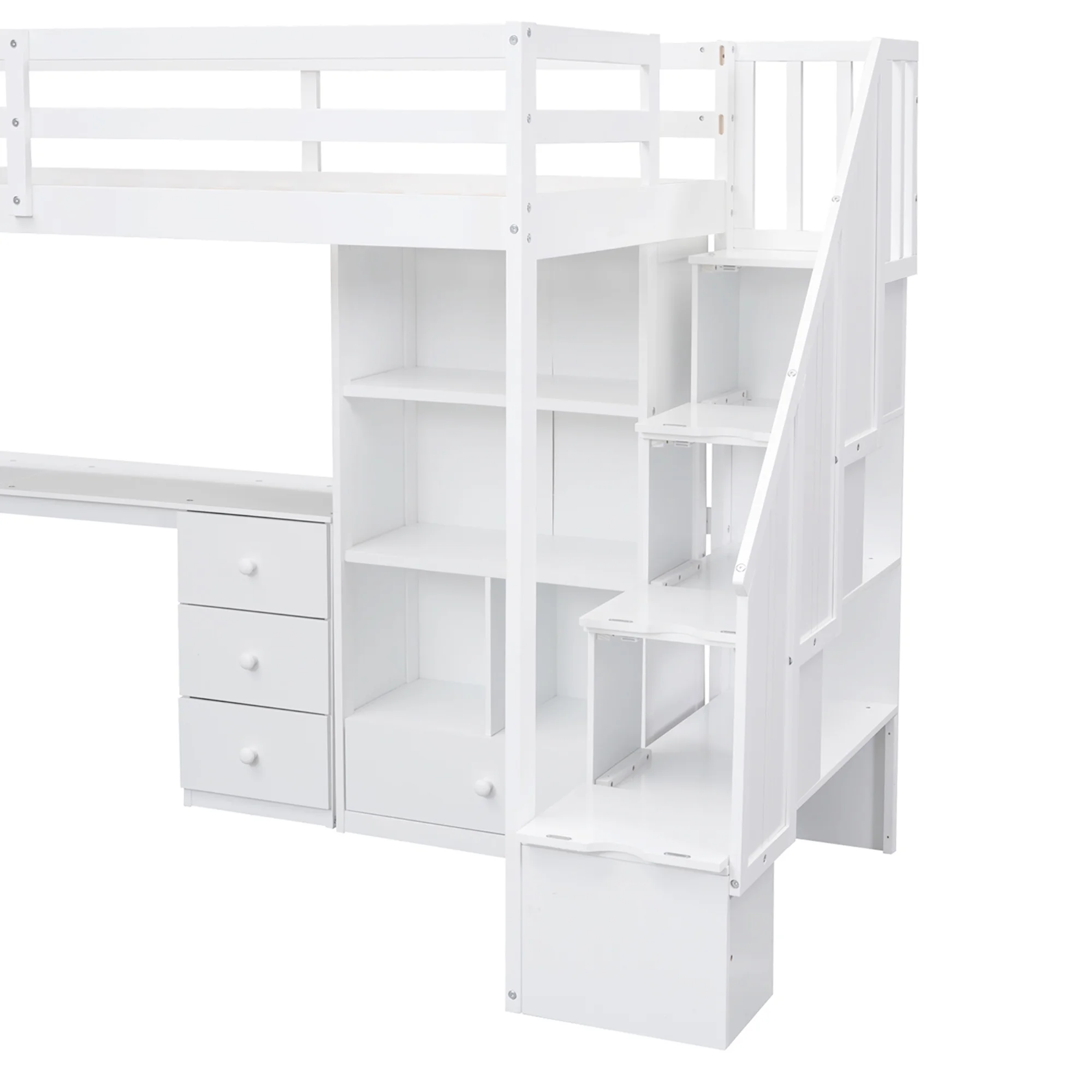Twin Wood Loft Bed with L-Shaped Desk and Drawers, Cabinet and Storage Staircase, Loft Twin Bed with Desk for Teenagers, Multiple Functions Bed, Easy to Assemble (White)