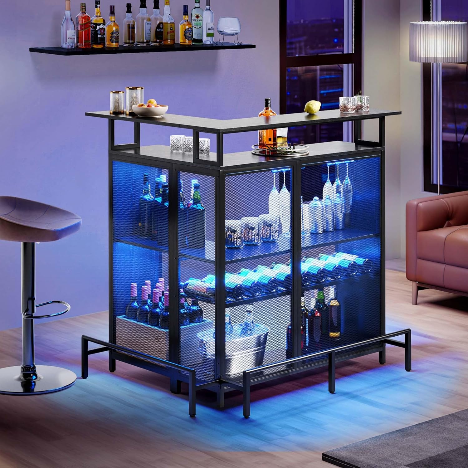 YITAHOME L Shaped Mini Home Bar Unit for Living Room with Music Sensing LED Light, Tall Bars Furniture Table with Wine Rack Alcohol Storage Glasses Hanger Footrest for Kitchen Pub, Black
