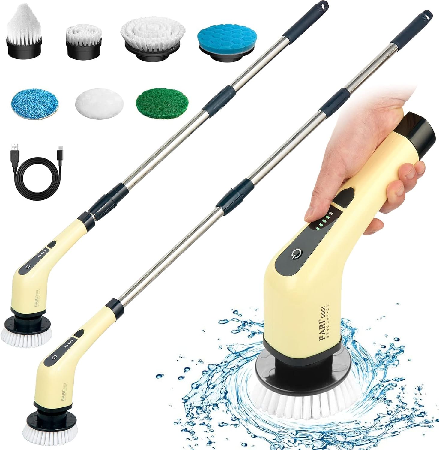 Electric Spin Scrubber, FARI Cordless Cleaning Brush with 7 Replaceable Brush Heads, Tub and Floor Tile 360 Power Scrubber Mop with Adjustable Handle for Bathroom Kitchen Car (Yellow) Pack of 2