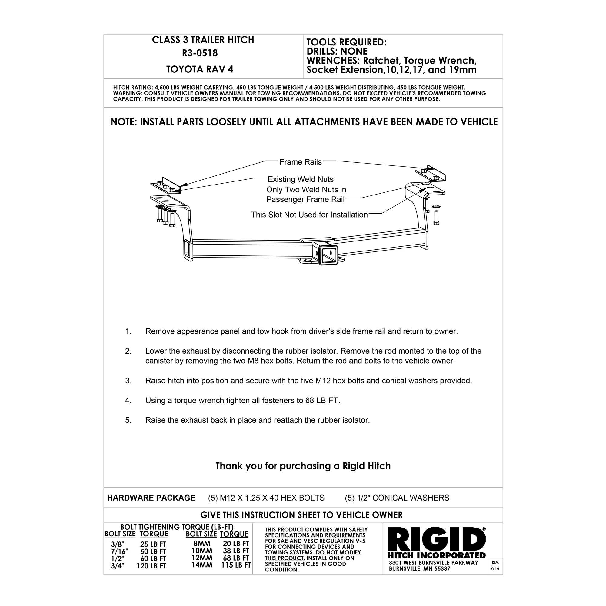 Rigid Hitch (R3-0518) Trailer Hitch, Class III 2" Receiver Trailer Hitch  Fits 2006-2018 Toyota RAV4