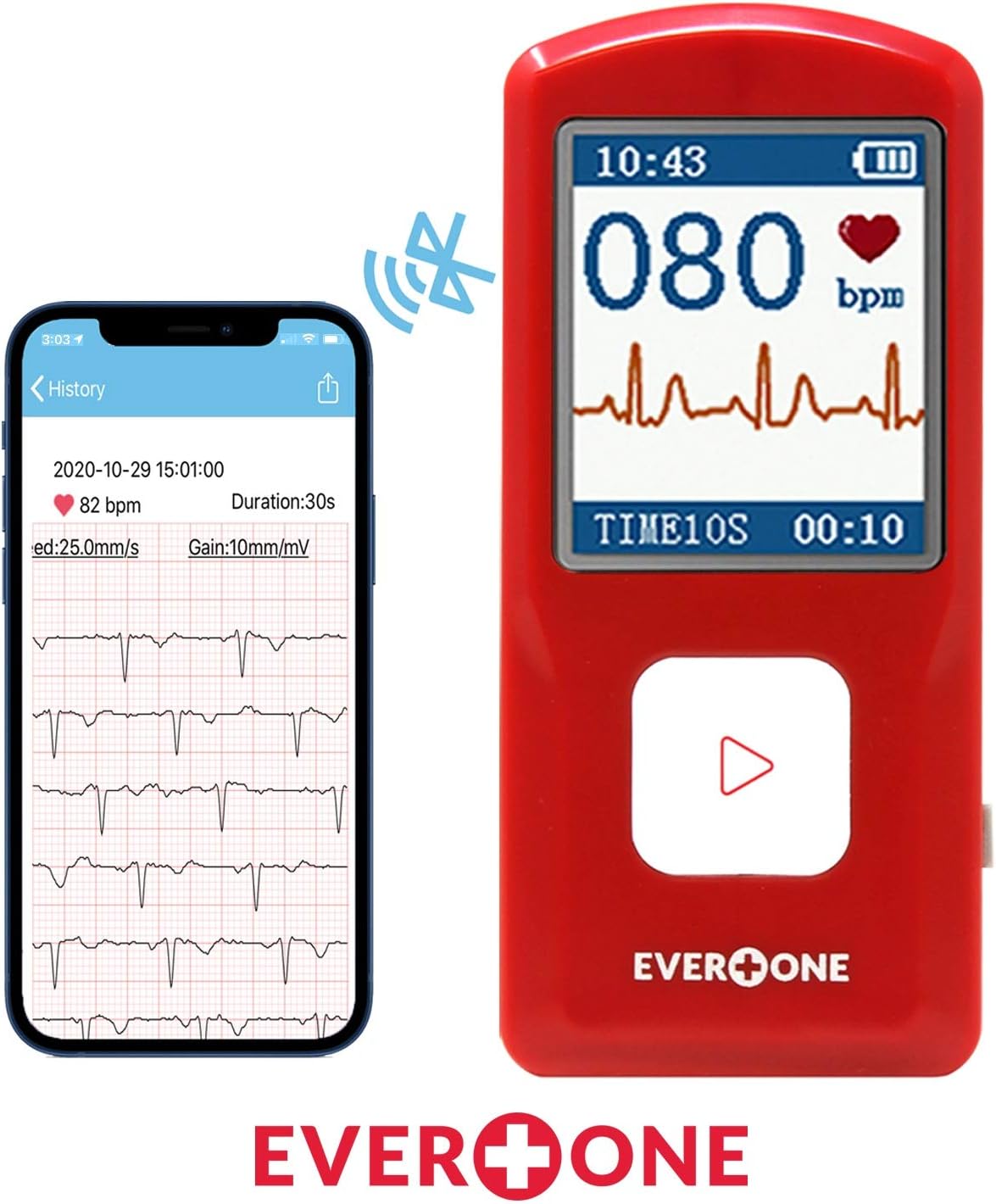 EVOPM10 Portable Bluetooth ECG/EKG Monitor, Compatible with iOS/Android, Windows 7/8/10, Track Heart Rate & Heart Rhythm Performance, App Included