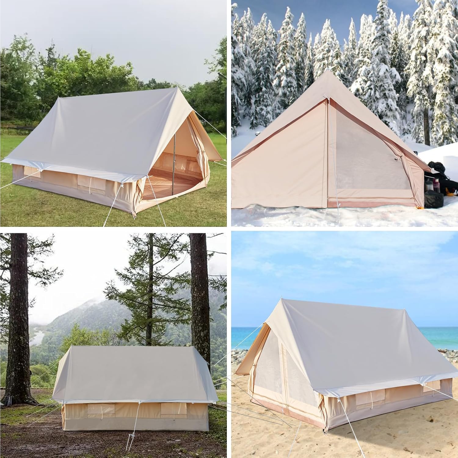 Double Door Canvas Glamping Tent Rainproof, Camping Bell Tent for 4 Person with Windows, Easy Set-Up All Season Tents - Embrace Outdoor Luxury with Family-Friendly Tent and Ready for Thrills