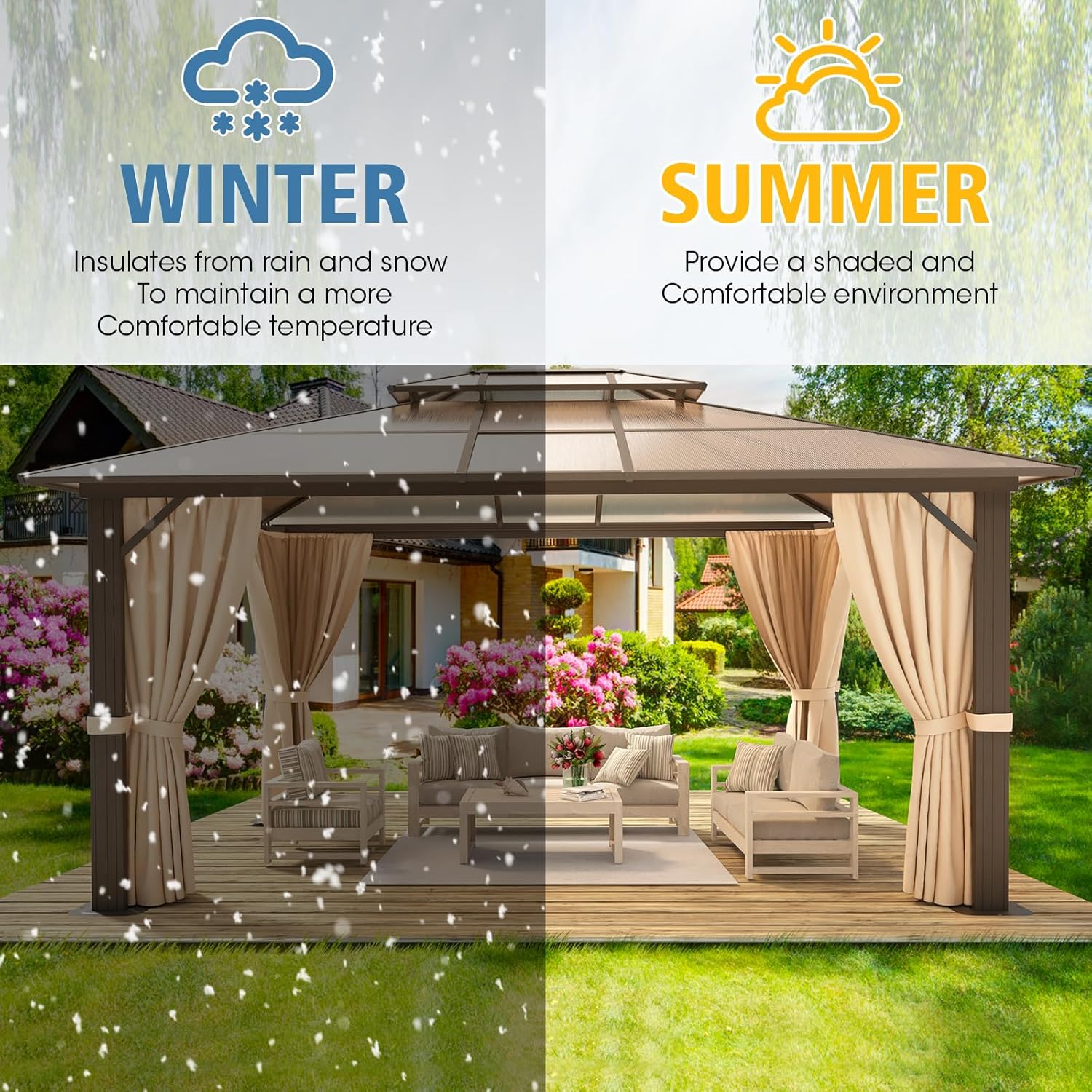 Aoxun 10x12FT Hardtop Gazebo, Aluminum Frame Permanent Pavilion with Curtains and Netting, Outdoor Polycarbonate Gazebo, Double Roof Canopy, for Gardens, Patios, Lawns