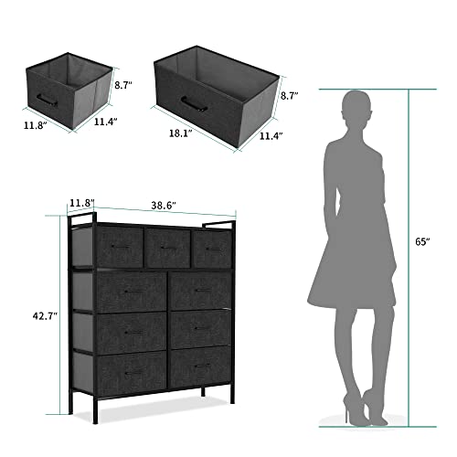 YITAHOME 9-Drawer Fabric Dresser, Furniture Storage Tower Cabinet, Organizer for Bedroom, Living Room, Hallway, Closet & Nursery, Sturdy Steel Frame, Wooden Top, Easy-to-Pull Fabric Bins(Light Grey)