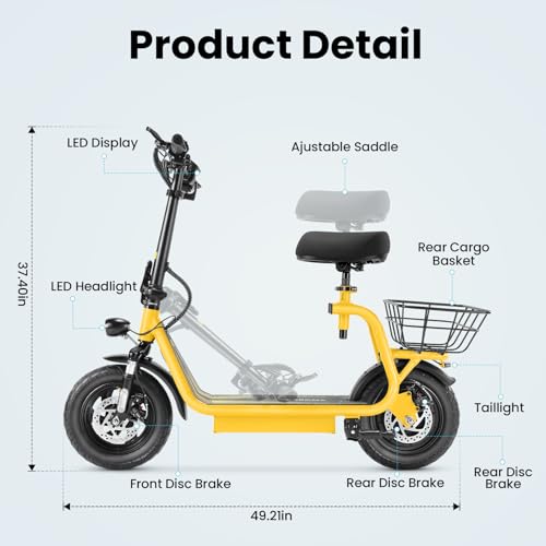 Caroma Peak 800W/1200W Electric Scooter Adults, 30 Miles Max Range, Foldable Electric Scooter with Seat, Front Suspension, Detachable Large Basket,Commuter E-Scooter for Adult and Teens
