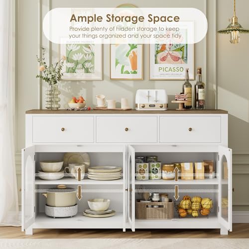 FINETONES Buffet Cabinet with Storage, 55.1" Large Sideboard Buffet Farmhouse Kitchen Cabinet with 3 Drawers and 4 Doors, Wood Coffee Bar for Kitchen, Black
