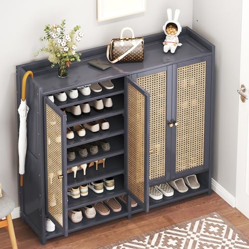 Bamboo Shoe Storage Cabinet with Doors, 8 Tier Freestanding Shoes Heels Sneakers Shoe Rack Shelf for 36-40 Pairs, Entryway Shoe Cabinet with Drawers for Hallway Living Room