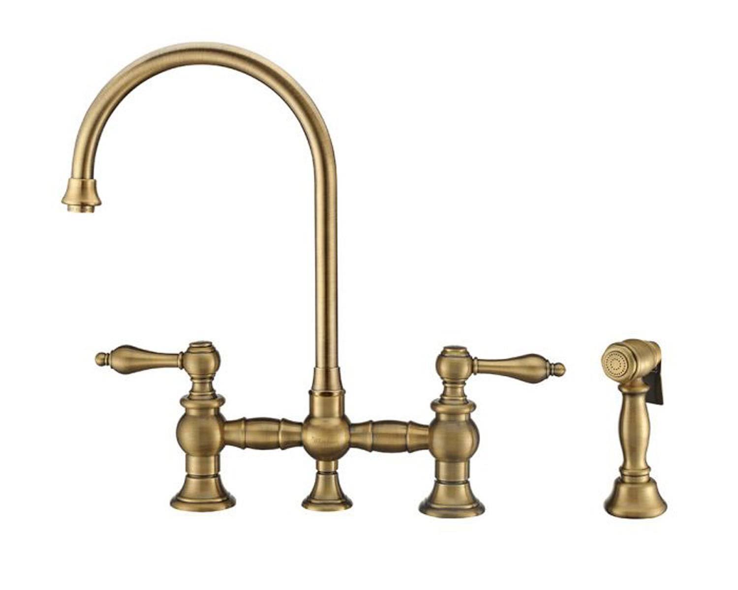 Whitehaus Vintage III Plus Bridge Faucet with Long Gooseneck Swivel Spout, Lever Handles and Solid Brass Side Spray