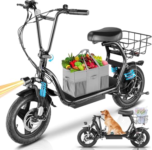 Caroma Peak 500W/800W/1200W Electric Scooter with Seat, Max 15/20/30Miles Range&20MPH, 14" Tires Foldable Adult Electric Scooter with Basket for Pets & Cargo, Dual Shock Absorbing Ebike for Commuting