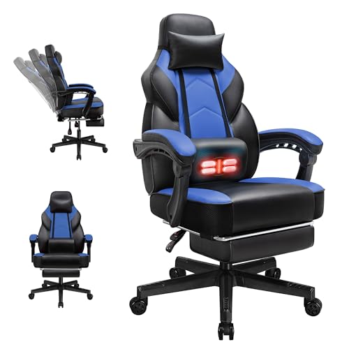 Gaming Chairs for Adults, Computer Chair with Footrest and Ergonomic High Back, Big and Tall Gamer Chairs with Massage Lumbar Support, 360° Swivel Height Adjustable, Blue