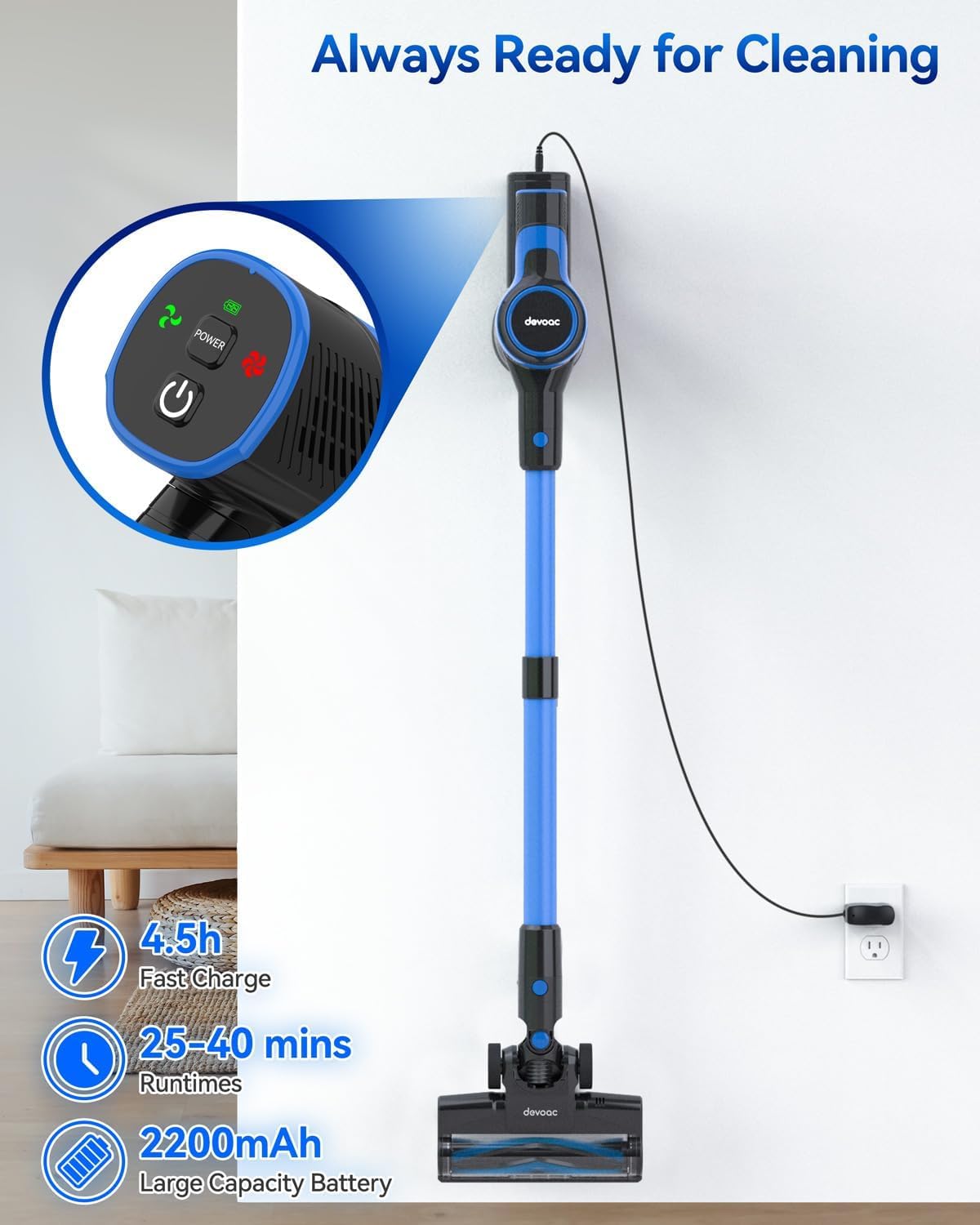 DEVOAC Cordless Vacuum Cleaner, Lightweight with Rechargeable Battery, Convenient 6 in 1 Handheld Stick Vacuum Cleaner with Powerful Suction for Carpet Hard Floor Pet Hair Home