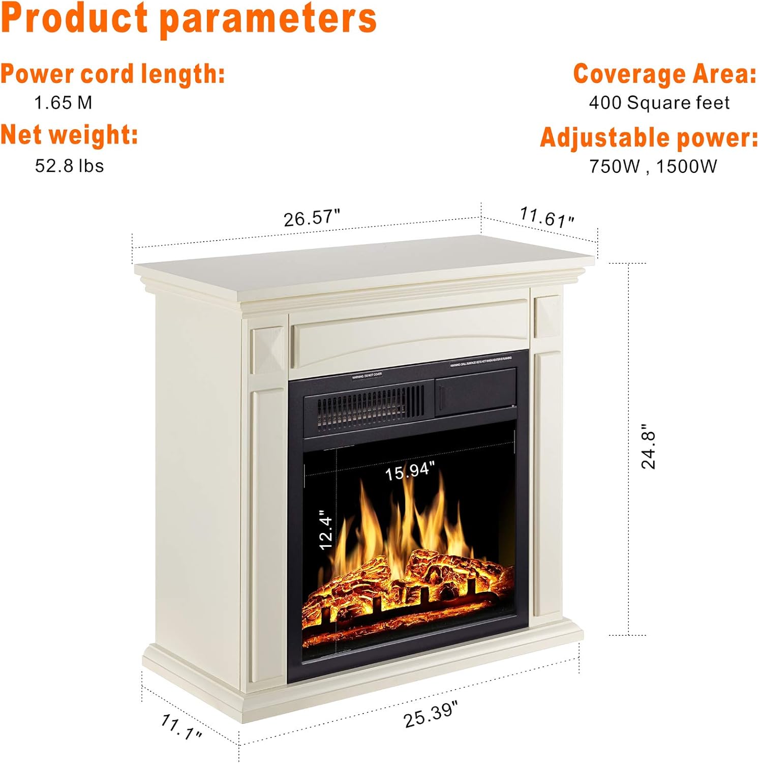 JAMFLY 26’’ Mantel Electric Fireplace Heater Small Freestanding Infrared Quartz Fireplace Stove Heater w/Log Hearth& Wood Surround Firebox, Adjustable Led Flame, Remote Control,750W-1500W, (White)…