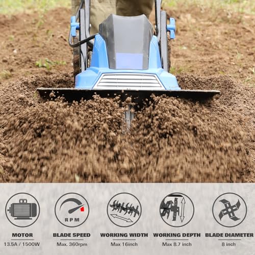 Electric Tiller Cultivator 16 inch, 13.5 Amp 6 Steel Tines Corded Tiller for Gardening with Foldable Handle, Garden Rototiller with Adjustble Wheels, Blue
