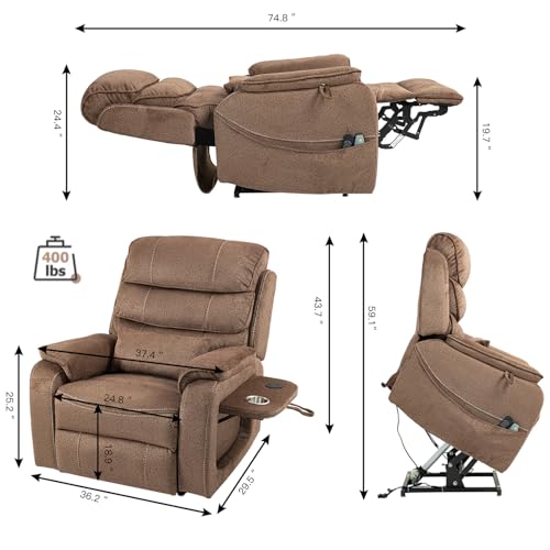 Light Grey Recliner Chair for Elderly | Tall and Big Man 400lbs | Chenille | Power Lift, Lay Flat, Stand Up, Wireless Charging Device, Extended Footrest, Massage Heat, Cup Holder, Lumbar Pillow