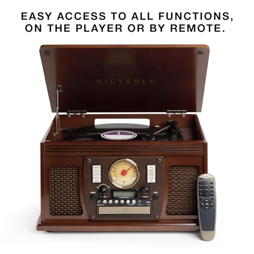 Victrola Navigator 8-in-1 Bluetooth Record Player with Built-in Speakers– 3 Speed Turntable, CD Player, Cassette, FM Radio, USB, RCA Out, Headphone Jack, Wireless Music Streaming, Real Wood (Mahogany)