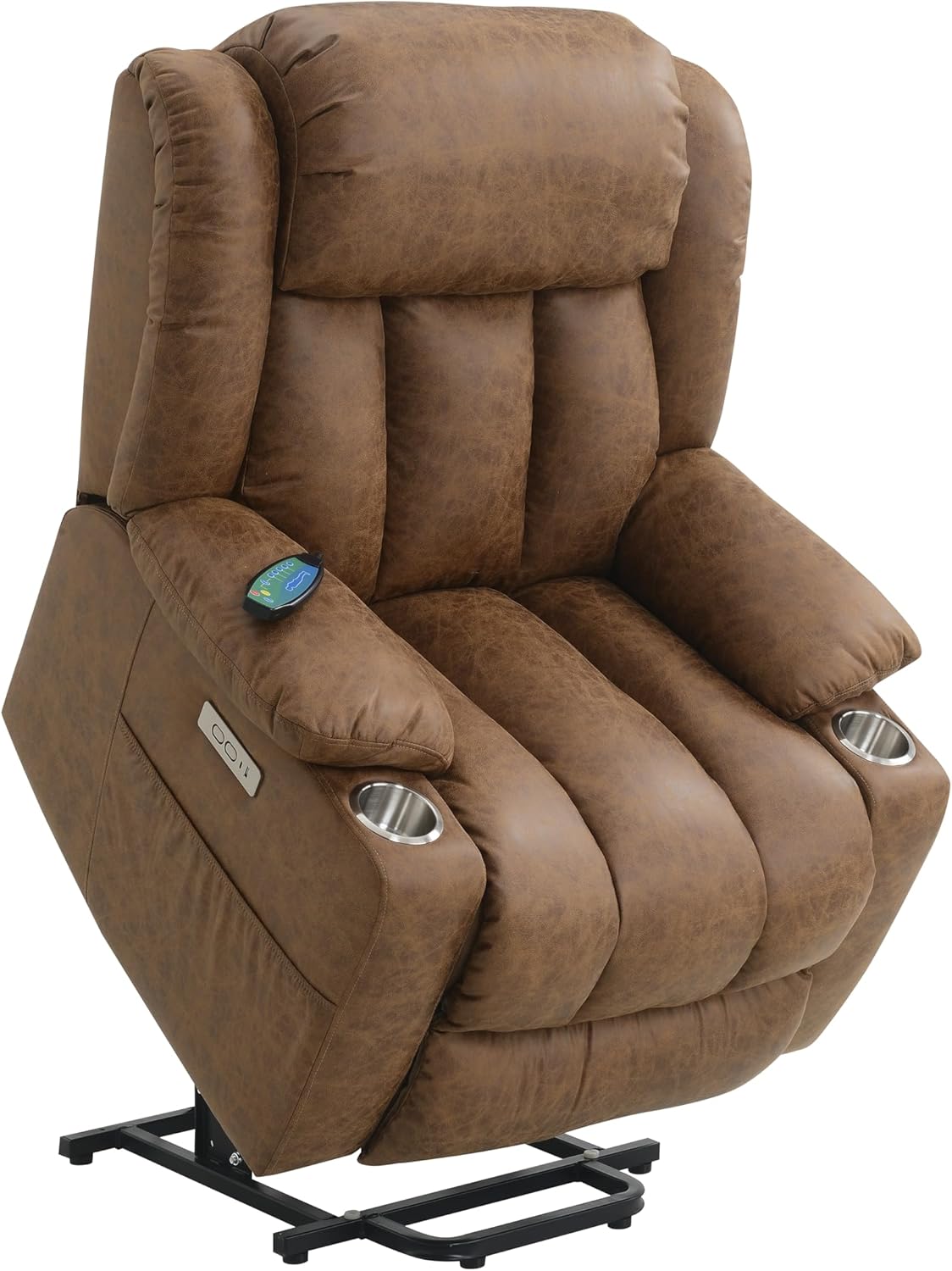 VOXIV Power Lift Recliner Chair for Elderly with Heat and Massage Lay Flat Lift Chairs for Seniors Infinite Position Extended Footrest Cup Holder Pockets Brown Leather Aire
