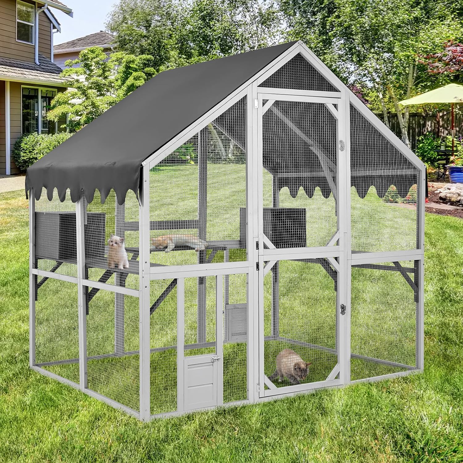 Catios for Cats Outdoor Patio Large Outdoor Cat Enclosure with Escape-Proof, Weatherproof for Multiple Cats Wooden Cat House, White-Grey LxWxH 74"x56.7"x73.6"