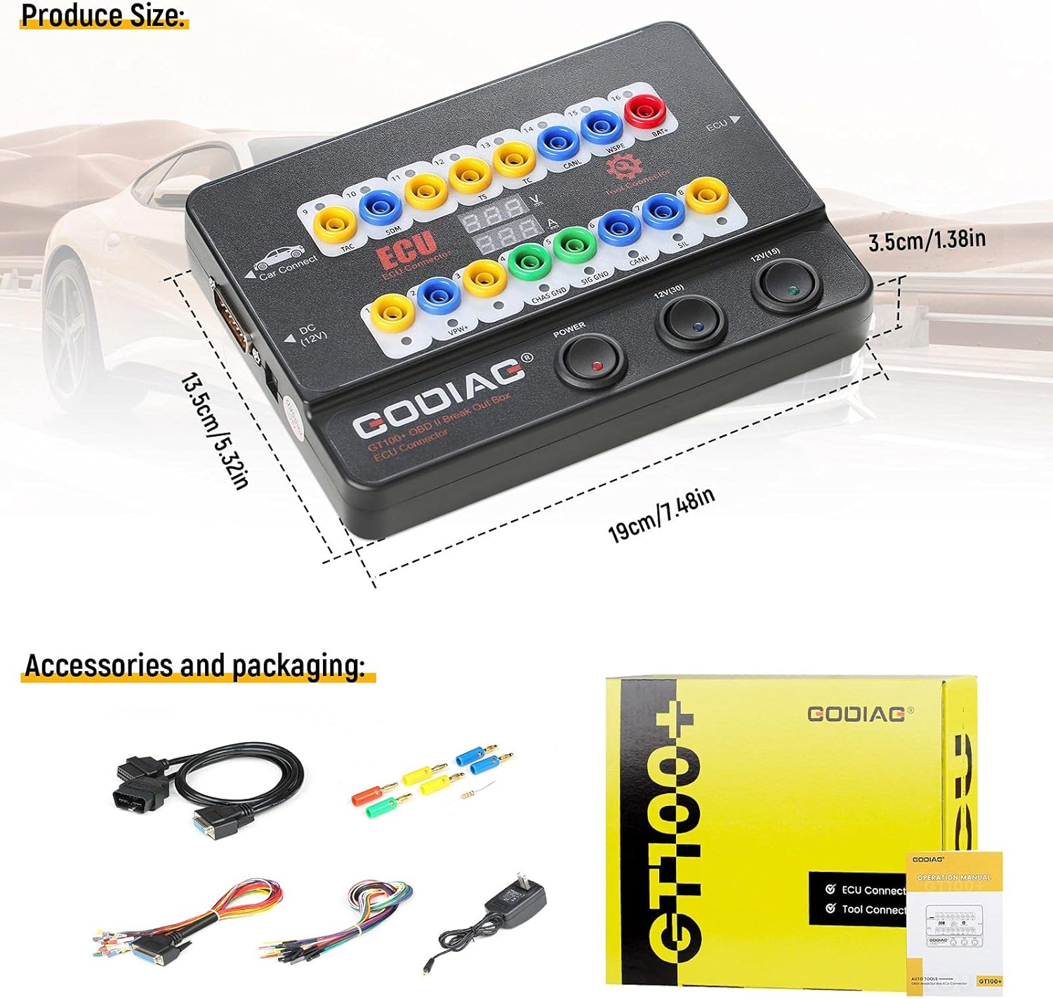 Godiag GT100+ OBDII Breakout Box, OBD CAN Breakout Box, OBDII Protocol Detector ECU Bench Tool