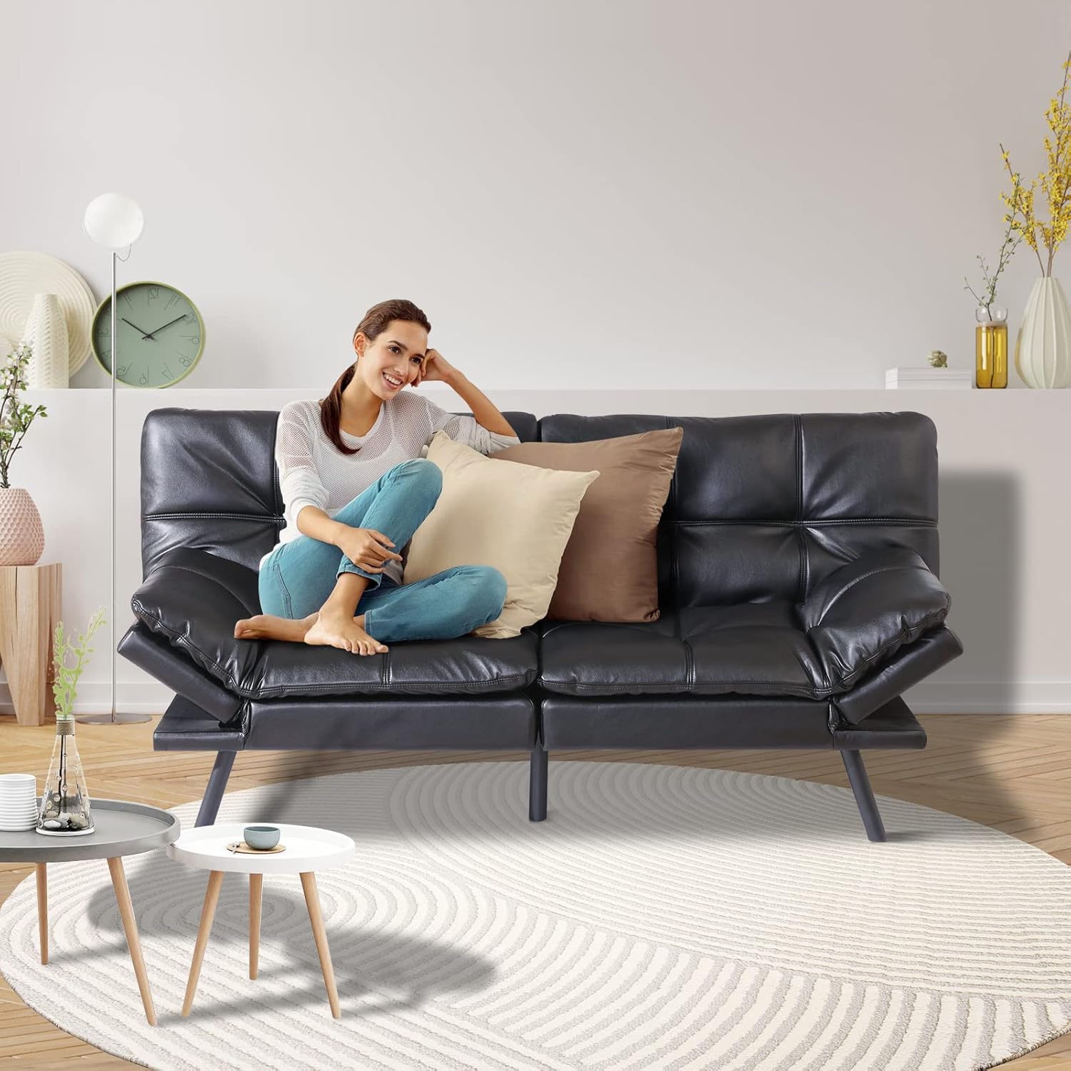 MUUEGM Futon Sofa Bed Faux Leather Futon Convertible Sofa Futon Couch Bed,Memory Foam Futon Sleeper Sofa Bed,Modern Loveseat Sofa,Adjustable Armrest&Backrest Futon Sets for Living Room,Offices,Black
