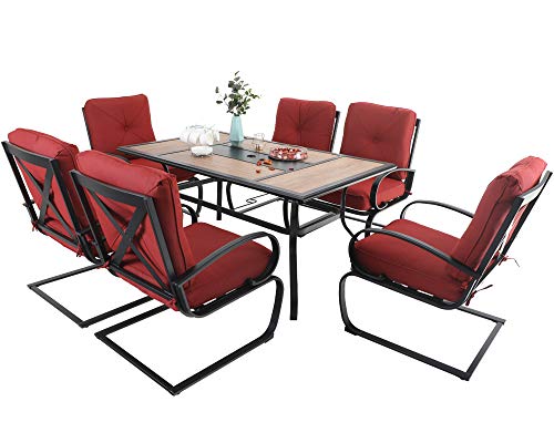 MFSTUDIO 9 PCS Patio Dining Table and Chairs Sets, 8 Spring Dining Chairs with Cushion and 1 Large Square Metal Dining Table for Outdoor, Patio Furniture for Garden, Lawn, Yard, Beige