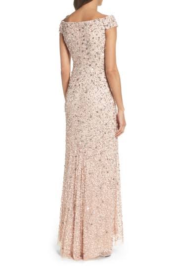 Adrianna Papell Off-The-Shoulder Beaded Gown - Blush 12