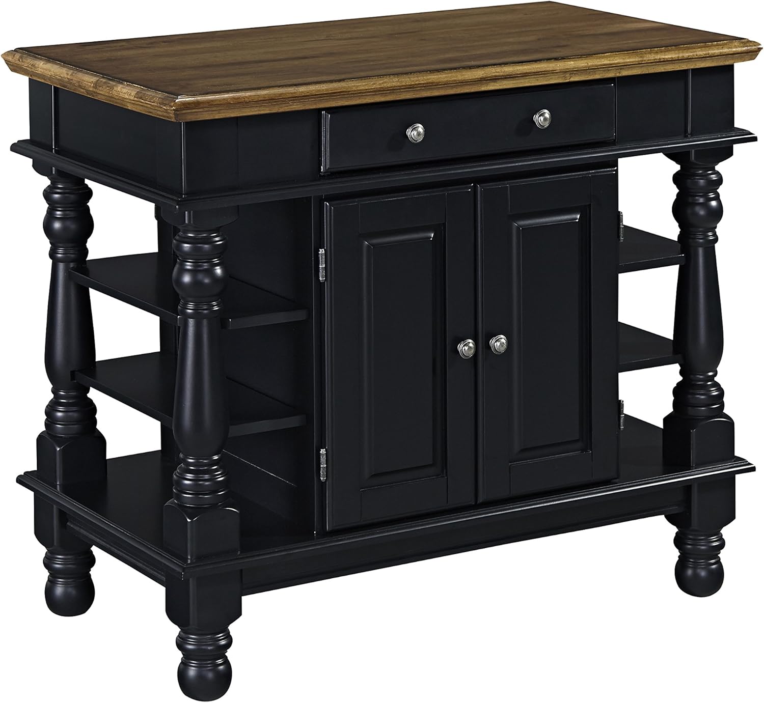 HomeStyles Americana Kitchen Island with Storage Pass through Drawer and Adjustable Shelf Black with Distressed Oak Top
