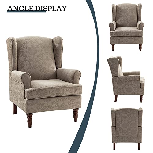 HULALA HOME Wingback Accent Chairs Set of 2 with Retro Wood Legs, Traditional Fabric Armchairs for Bedroom Living Room, Comfy Upholstered Sofa Chairs Reading Chairs with Unique Pattern Design, Brocade