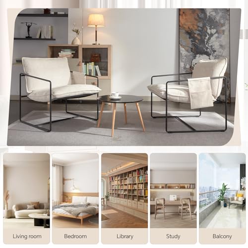 Sling Accent Chair Set of 2 Mid Century Modern Accent Chair with Metal Frame,Upholstered Reading Armchair with Side Pocket for Living Room,Bedroom (Beige)