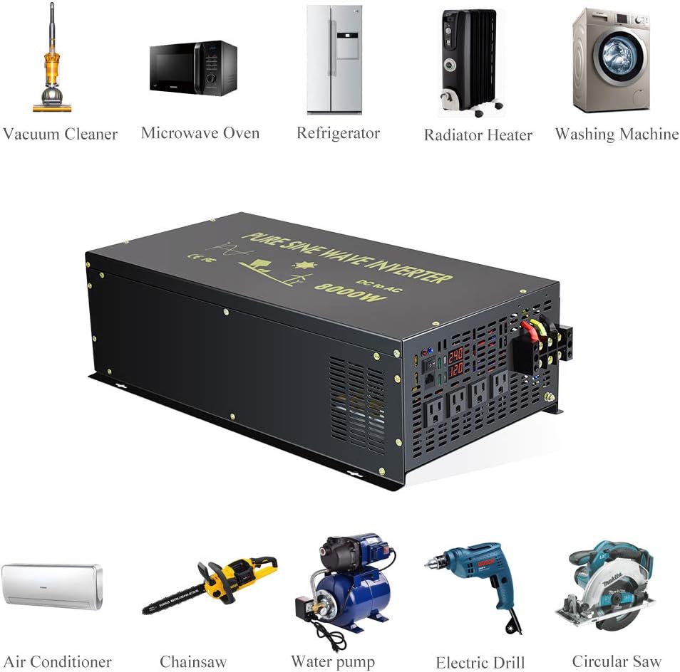 Reliable 8000W Continuous Power Heavy Duty Pure Sine Wave Power Inverter DC 48V to AC 120V with 4 AC Outlets Remote Control 66A Hardwire Terminal and LED Display for RV Car Solar System Emergency