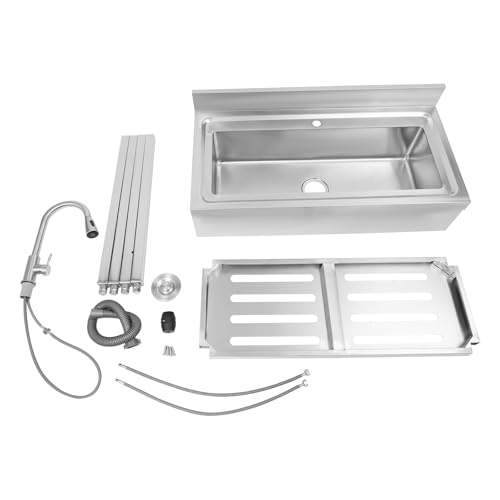 Stainless Steel Kitchen Sink 50L Freestanding Single Bowl Utility Sink with Cold and Hot Water Pipe and Pull-Out Faucet Utility Washing Hand Basin with Storage Shelf Laundry Tub for Indoor Outdoor