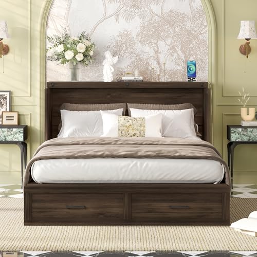 Wooden Murphy Cabinet Bed Frame with Charging Station, Full-Size Foldable Wall Bed with Large Storage Drawer for Home Apartment Limited Living Places, Space-Saving Hidden Bed No Box Spring Needed