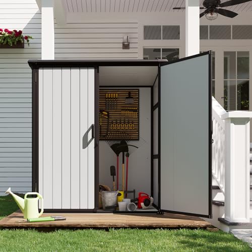 Aoxun 6 x 8 FT Outdoor Storage Shed with Window, Resin Shed with Floor & Lockable Doors, Garden Shed Waterproof Plastic Tool Shed with Sloped Roof for Backyard, Garden, Patio, Lawn, Grey