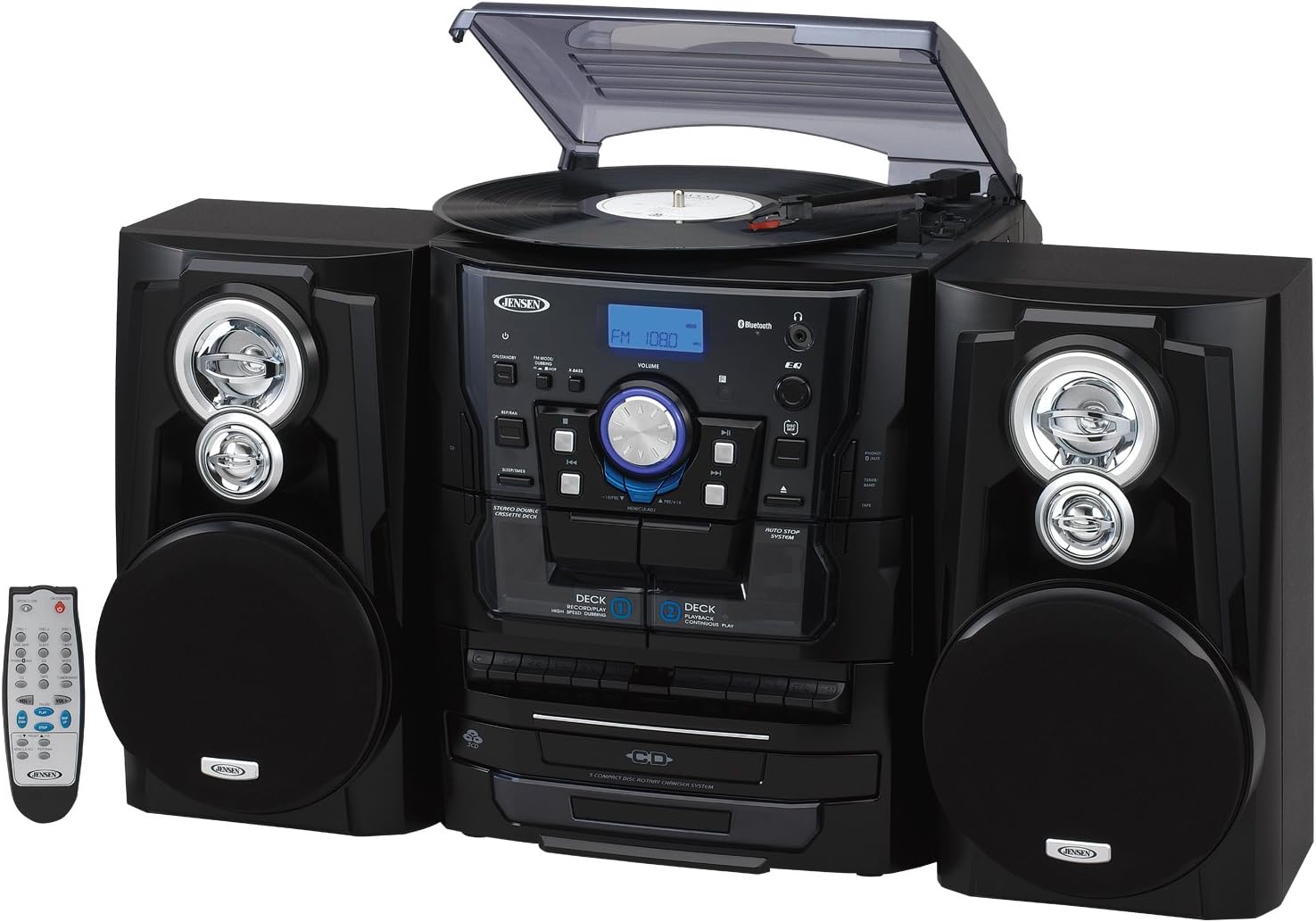 Jensen JMC1250 Bluetooth 3-Speed Stereo Turntable and 3 CD Changer with Dual Cassette Deck (JMC-1250)