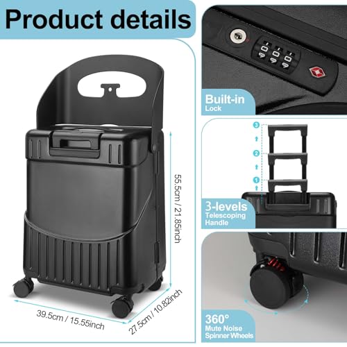 22 Inch Carry on Luggage with Seat for Kids Expandable Ride on Suitcase with Spinner Wheels and Locks for Travel (Black)