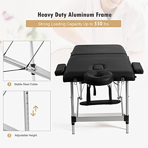 Giantex 84" Massage Table Professional Portable Lash Bed, 2 Folding Lightweight Massage Bed, Aluminum Frame, Height Adjustable, Face Cradle & Side Armrests, Salon Spa Tattoo Bed with Carry Case