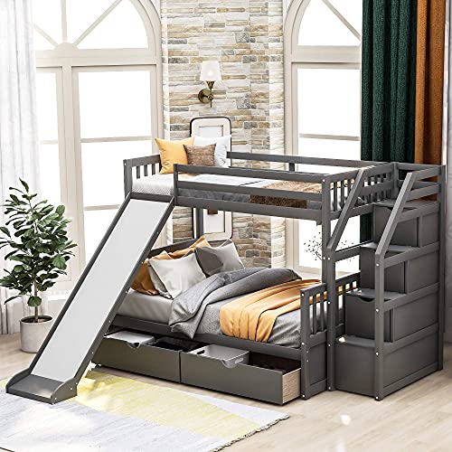 Harper & Bright Designs Twin Over Full Bunk Bed with Stairs and Slide, Multifunction Wood Bunk Bed with Storage Drawers, Gray