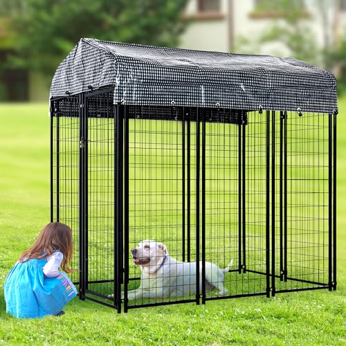 Large Outside Dog Kennel,Outdoor Dog Run Enclosure 8'x4'x6' Dog Pen House with Roof Cover Heavy Duty Welded Wire Steel Dog Playpen Animal Fence Without Feeding Door