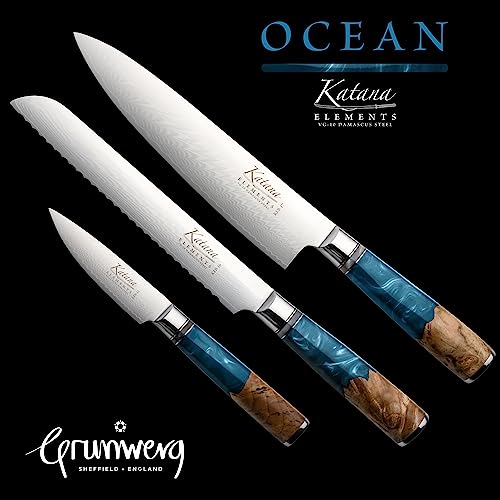 Grunwerg- Katana Elements 9 Piece Knife Block Set : 8 Japanese Quality Specialty Knives, Premium Damascus Steel Blades, Unique Resin Handle, Green