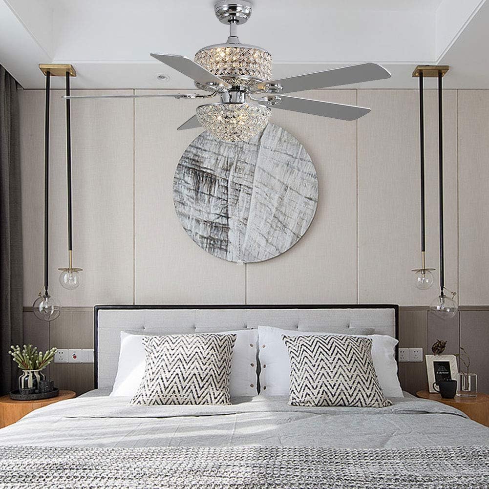 TFCFL Modern 52in Crystal Ceiling Fan with Light and Remote 5 Blades Chandelier Fan Lighting with 3 Speed Adjustable & Timing Function, Crystal Ceiling Fan for Living Room Bedroom Office (Silver)