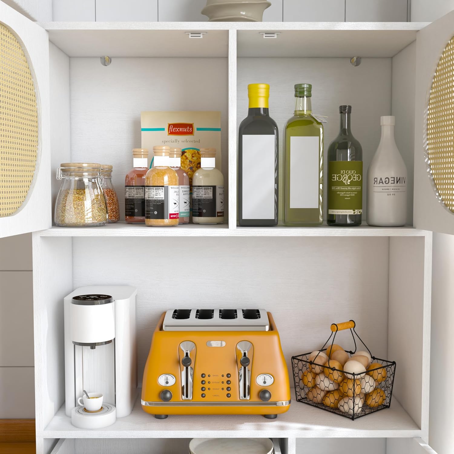 71" Tall Kitchen Pantry Cabinet, Kitchen Storage Cabinet Hutch Cabinet with Charging Ports and Microwave Stand, Rattan Kitchen Hutch with 4 Cabinets, 4 Drawers, for Dining Room Kitchen, White