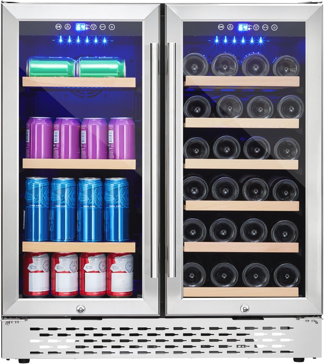 Wine and Beverage Refrigerator - 28 Bottles and 80 Cans, Dual Zone, Glass Door, Adjustable Shelves, with Lock, Digital Temperature Control, Freestanding/Built-in
