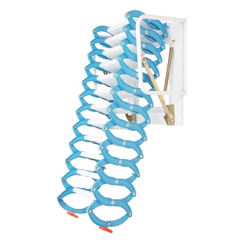 12 Steps Folding Attic Ladder Pull Down System, Wall Mounted Multifunctional Loft Ladder, Blue and White Retractable Collapsible Ladder with Armrests for Attics & Basements