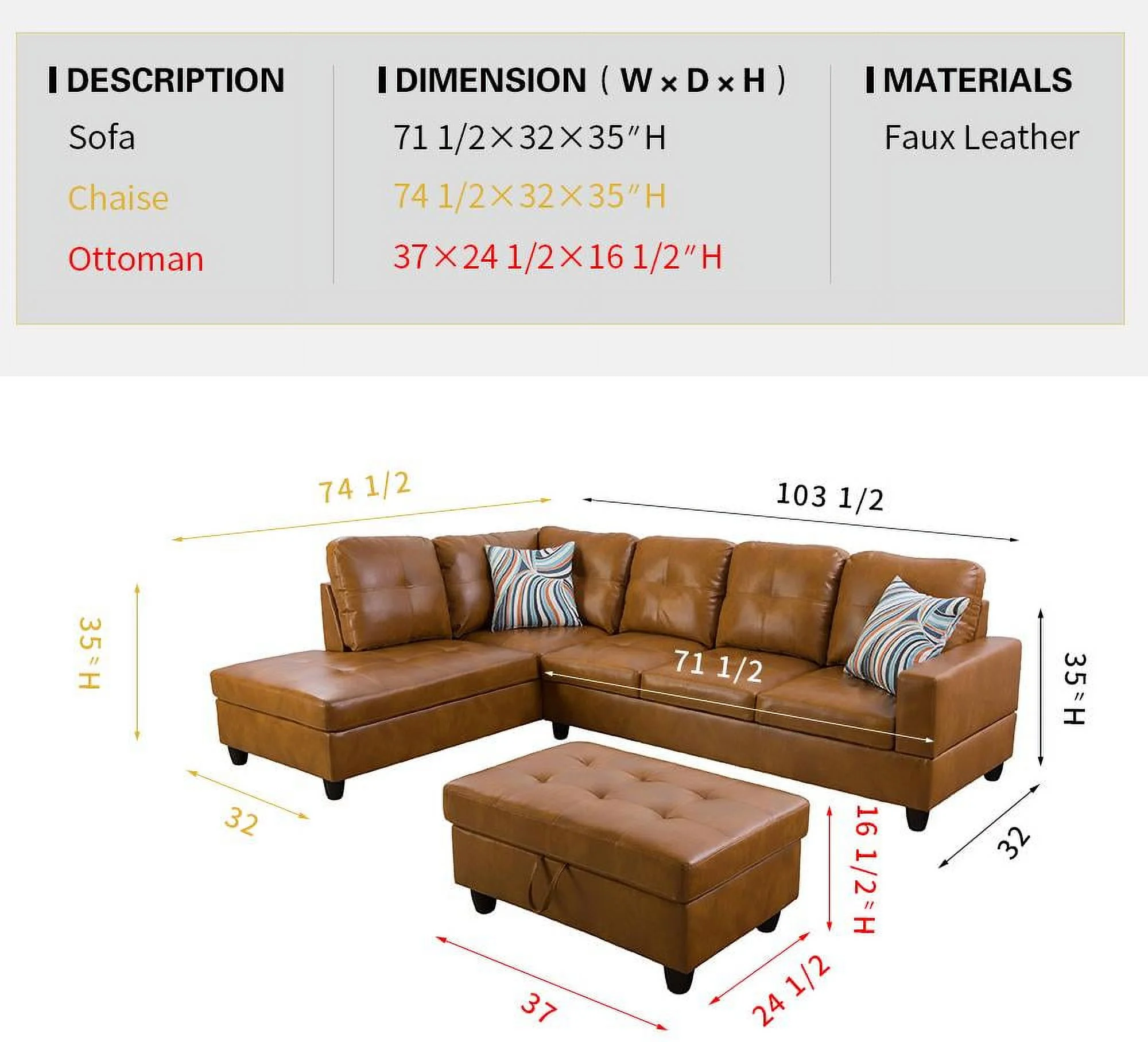 PonLiving 103.50" Wide Ginger Faux Leather Sectional with Ottoman Left Hand Facing